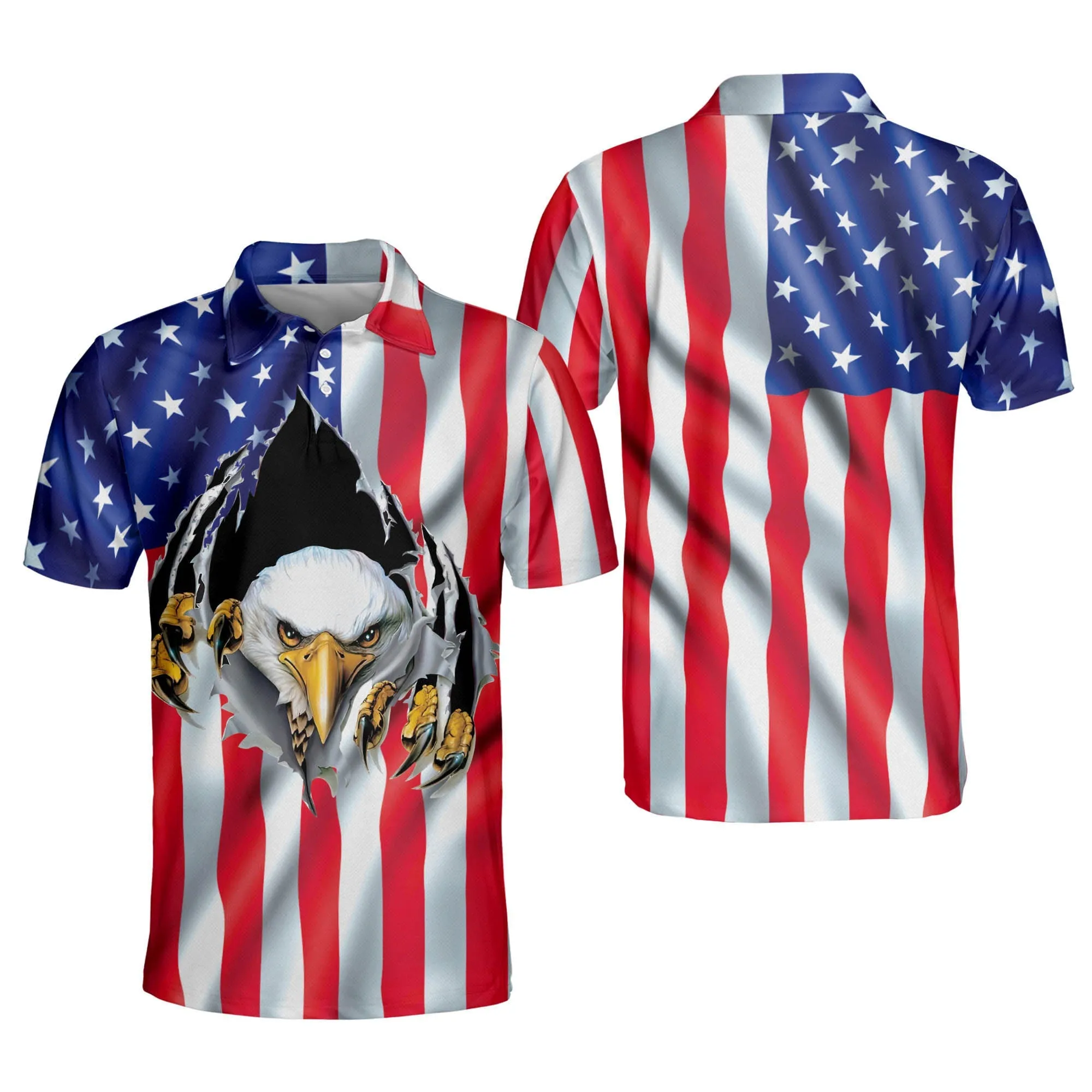 3D All Over Print American Flag Eagle Rip Cool Patriotic Polo Shirt