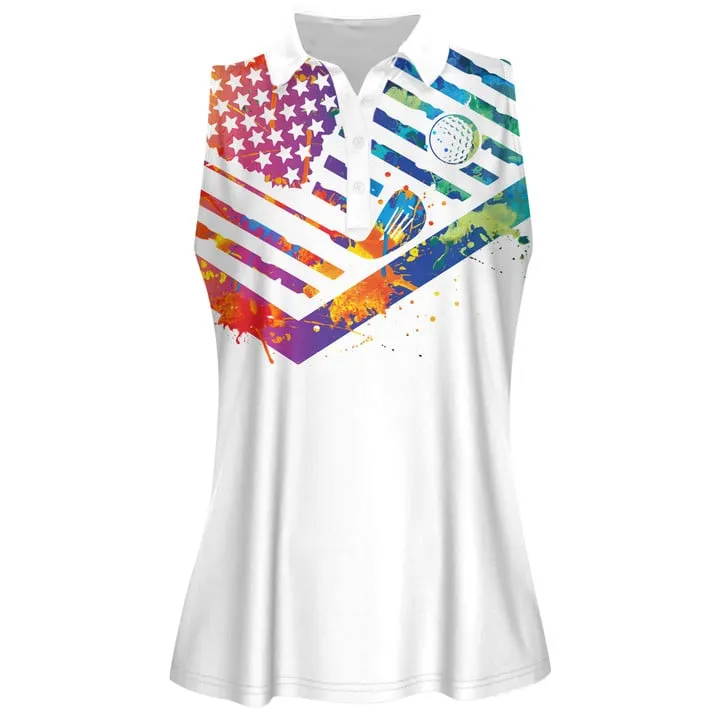 3D All Over Print American Flag Watercolor Golf, Watercolor Lets Par Tee Women Short Sleeve Polo Shirt Sleeveless Polo Shirt