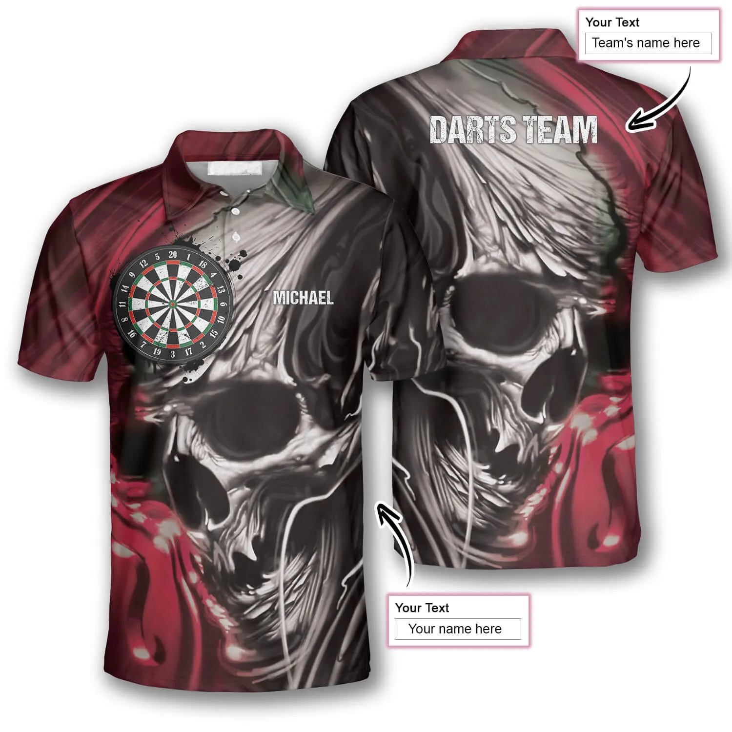 3D All Over Print Dart Polo Shirt, Skull BR Custom Darts Shirts for Men, Red Skull Dart Shirt