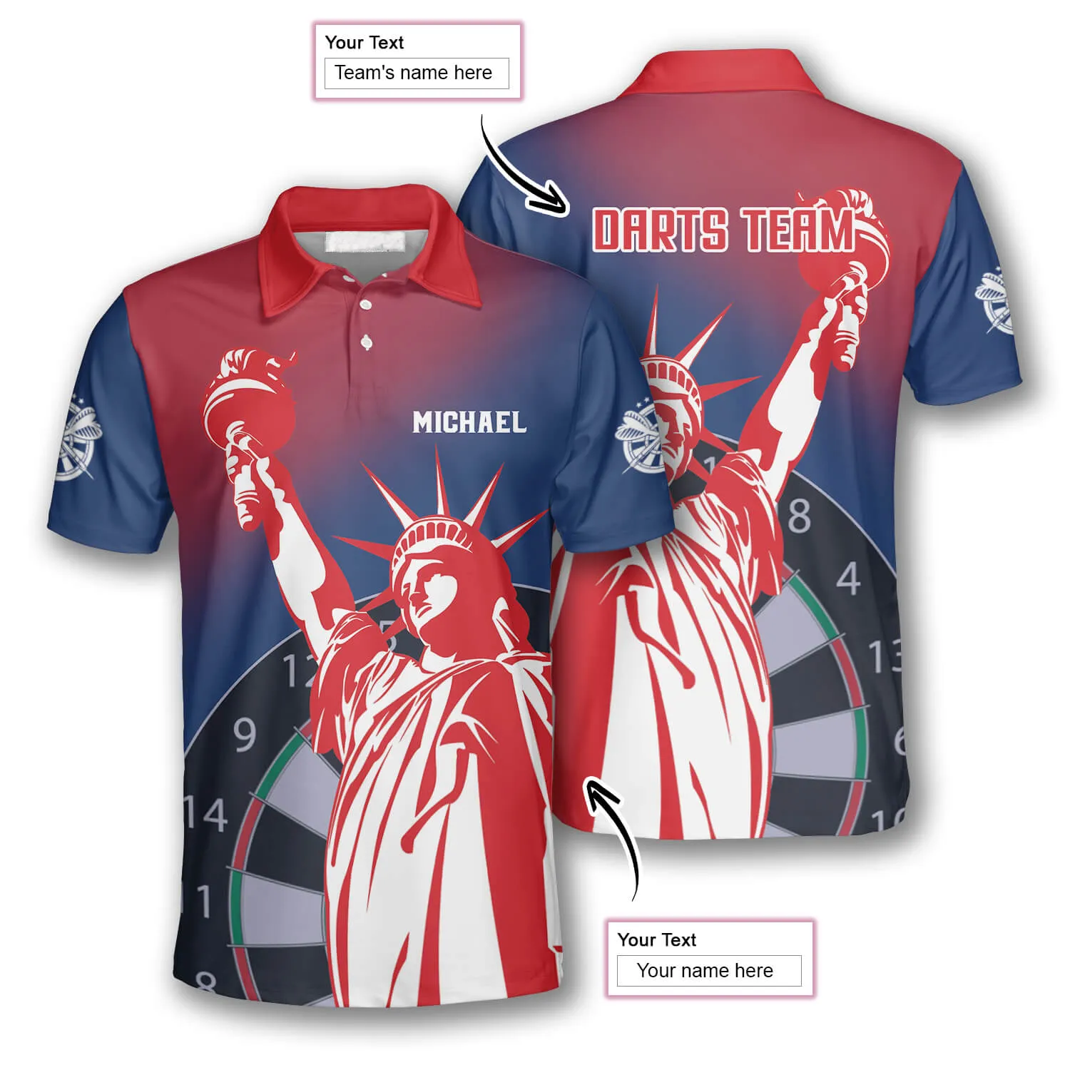 3D All Over Print Darts Statue of Liberty Custom Polo Shirts for Men