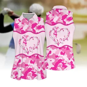 3D All Over Print Heart Shirt, Pink Golf Camouflage Pattern Sleeveless Polo Shirt