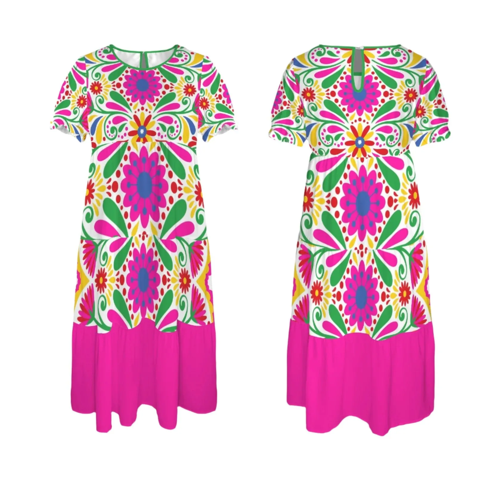 70s inspired Boho dress, Neon Pink Babydoll Dress, 70s Style Dress, Multicolor Floral Ethnic Midi Dress, Hippie Dress