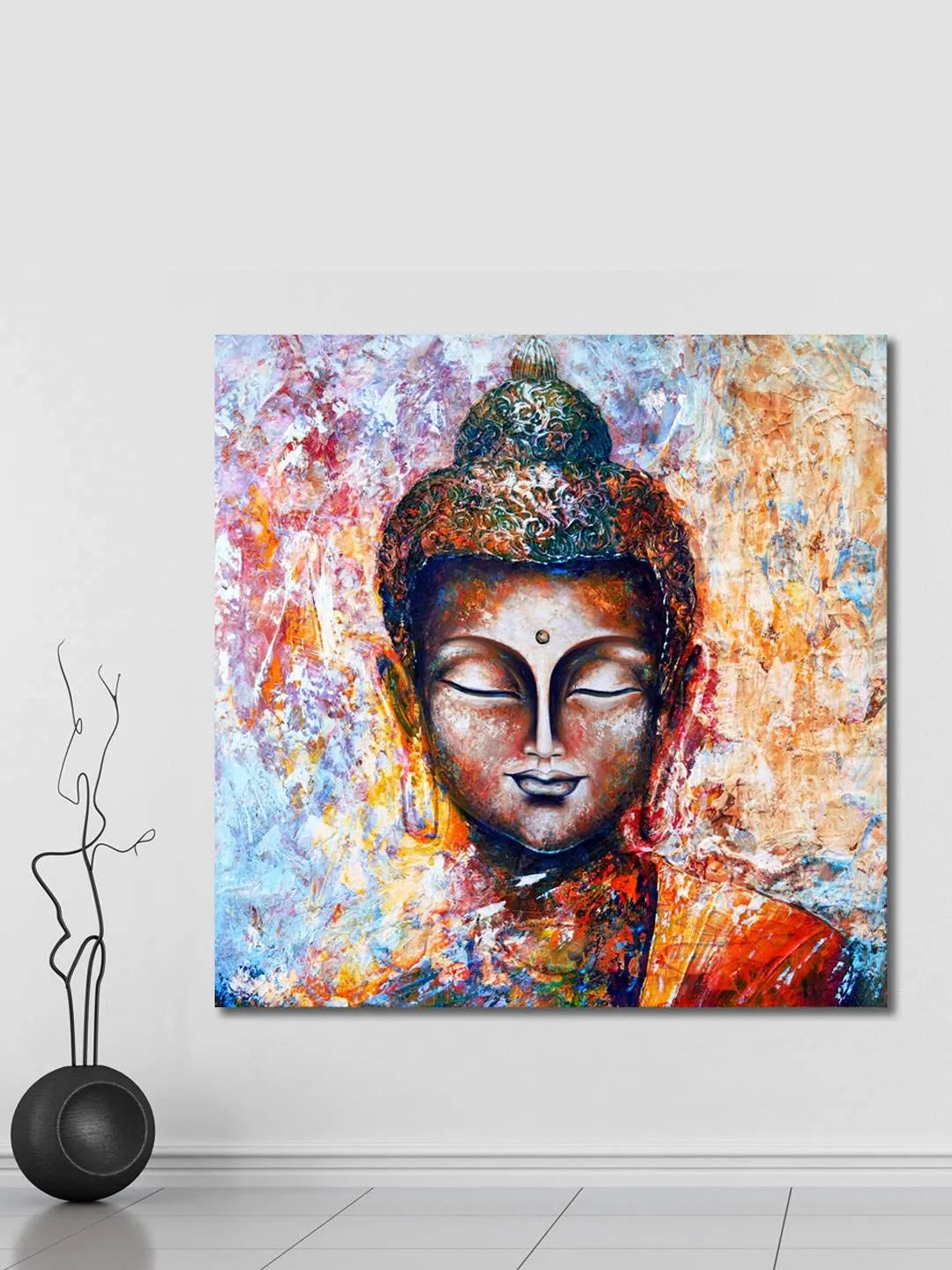 999STORE Wooden Stretched Framed Lord Gautam Buddha Paintings for Living Room | Home Religious Wall Canvas for Bed Décor | Modern Stylish Hanging | Canvas 24X24 Inches Stretched Canvas