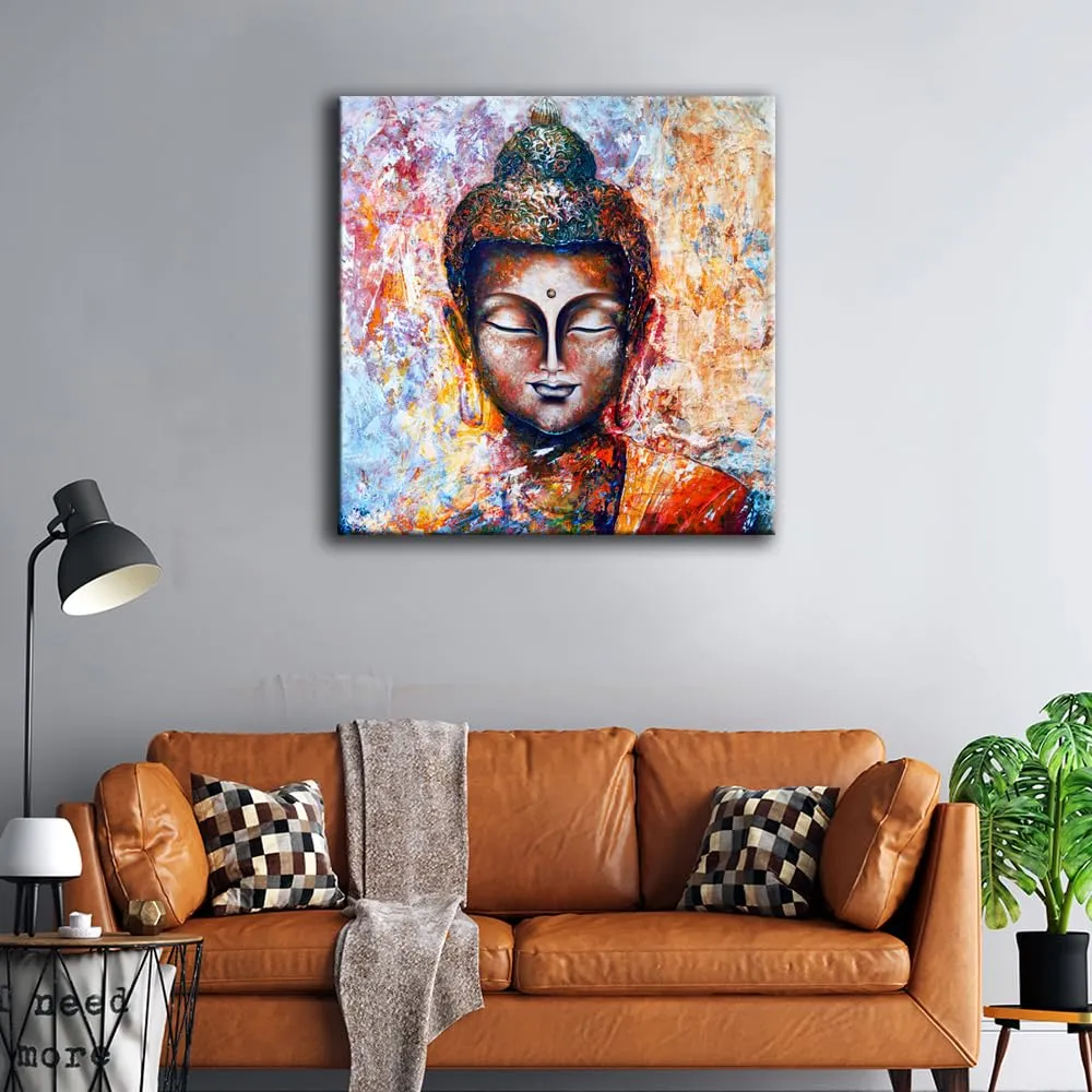 999STORE Wooden Stretched Framed Lord Gautam Buddha Paintings for Living Room | Home Religious Wall Canvas for Bed Décor | Modern Stylish Hanging | Canvas 24X24 Inches Stretched Canvas