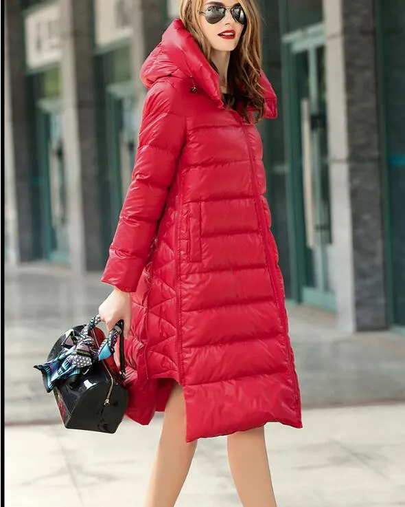 A-line Long Loose Women Down Coat Slit Winter Loose 90% Duck Down Jackets