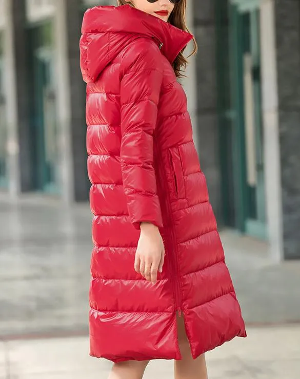 A-line Long Loose Women Down Coat Slit Winter Loose 90% Duck Down Jackets