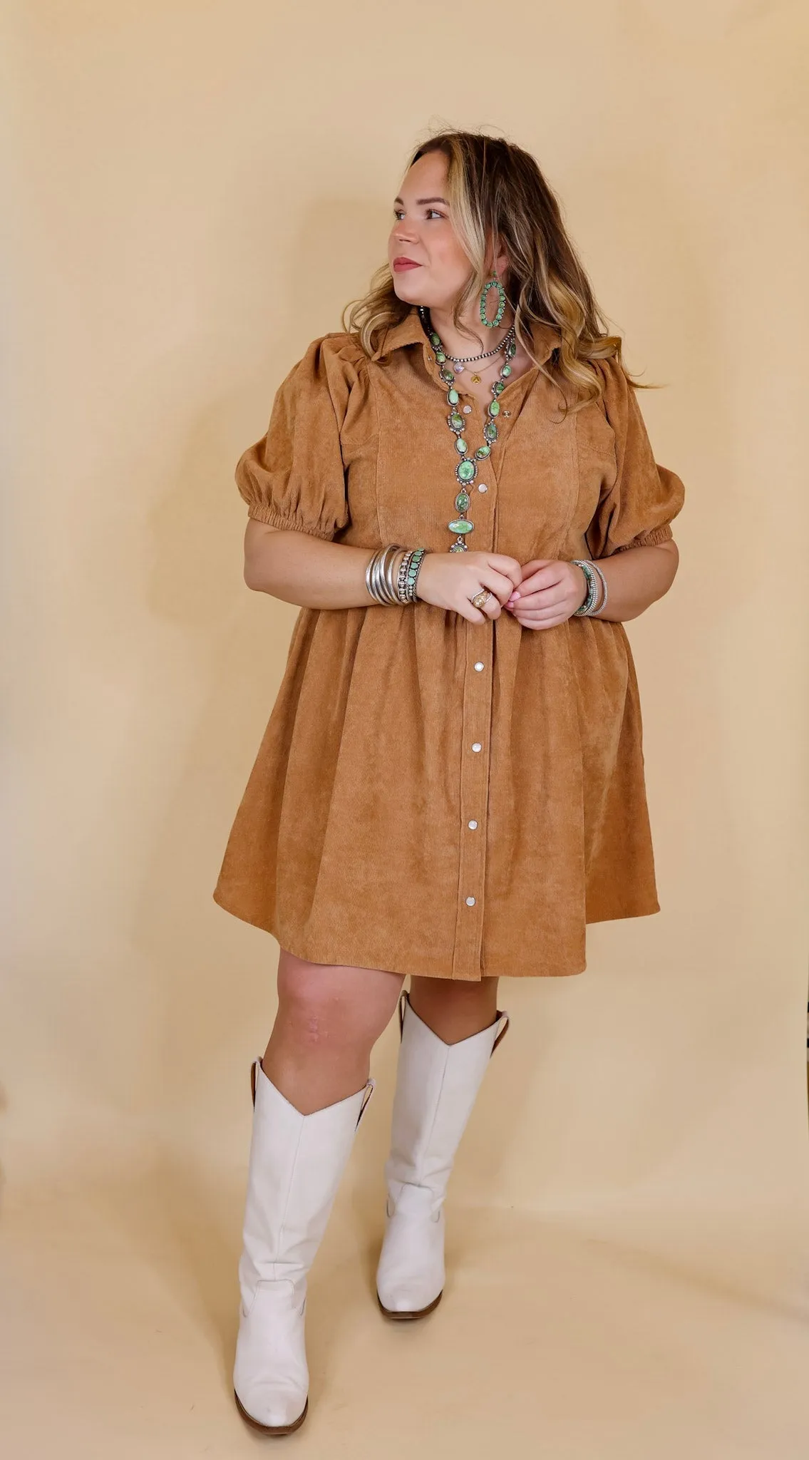 Adventures Ahead Button Up Corduroy Babydoll Dress in Camel Brown