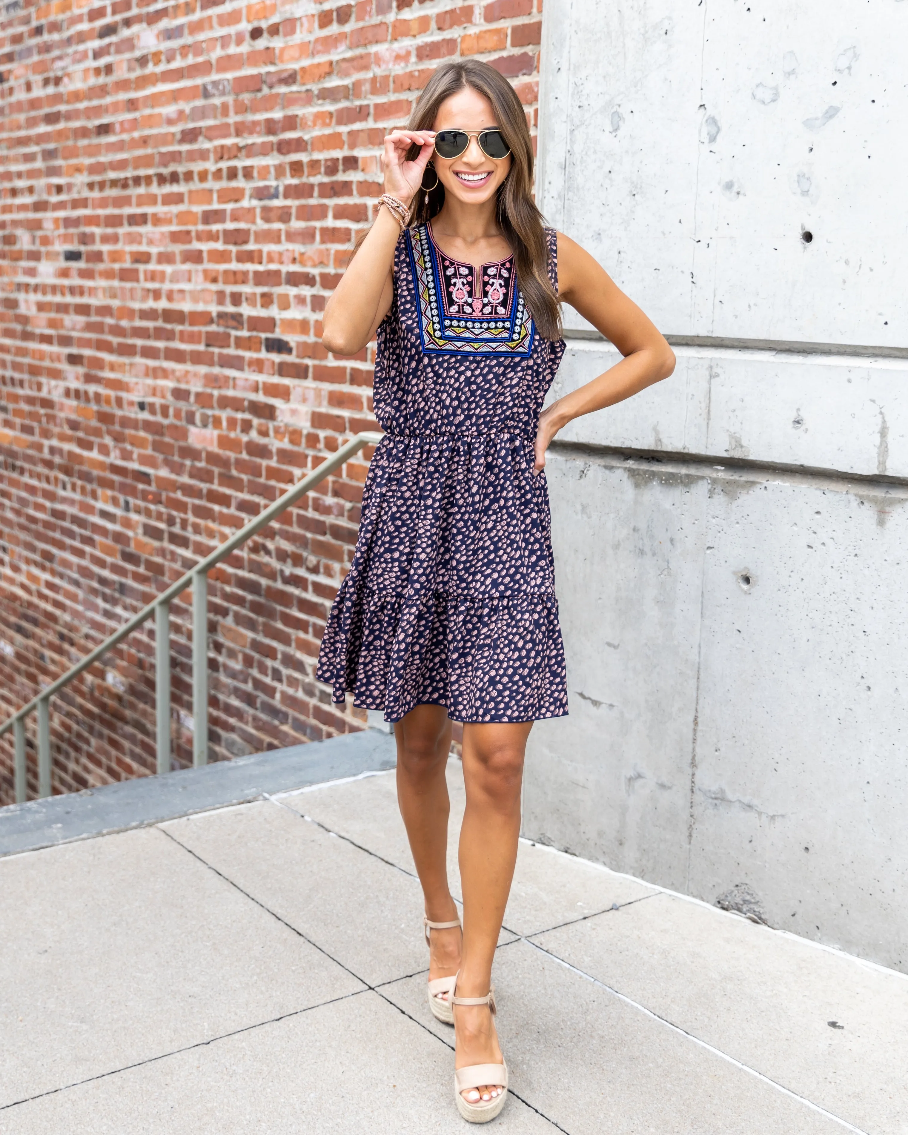 Alyssa Embroidered Spotted Dress - Navy