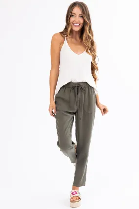 Army Green Straight Leg Drawstring Soft Pants