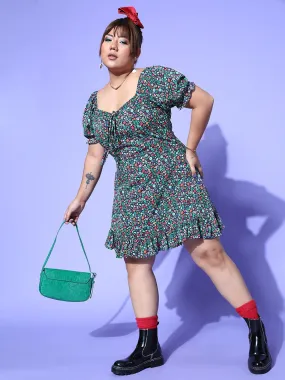 Berrylush Curve Plus Size Navy Blue & Green Floral Printed A-Line Mini Dress