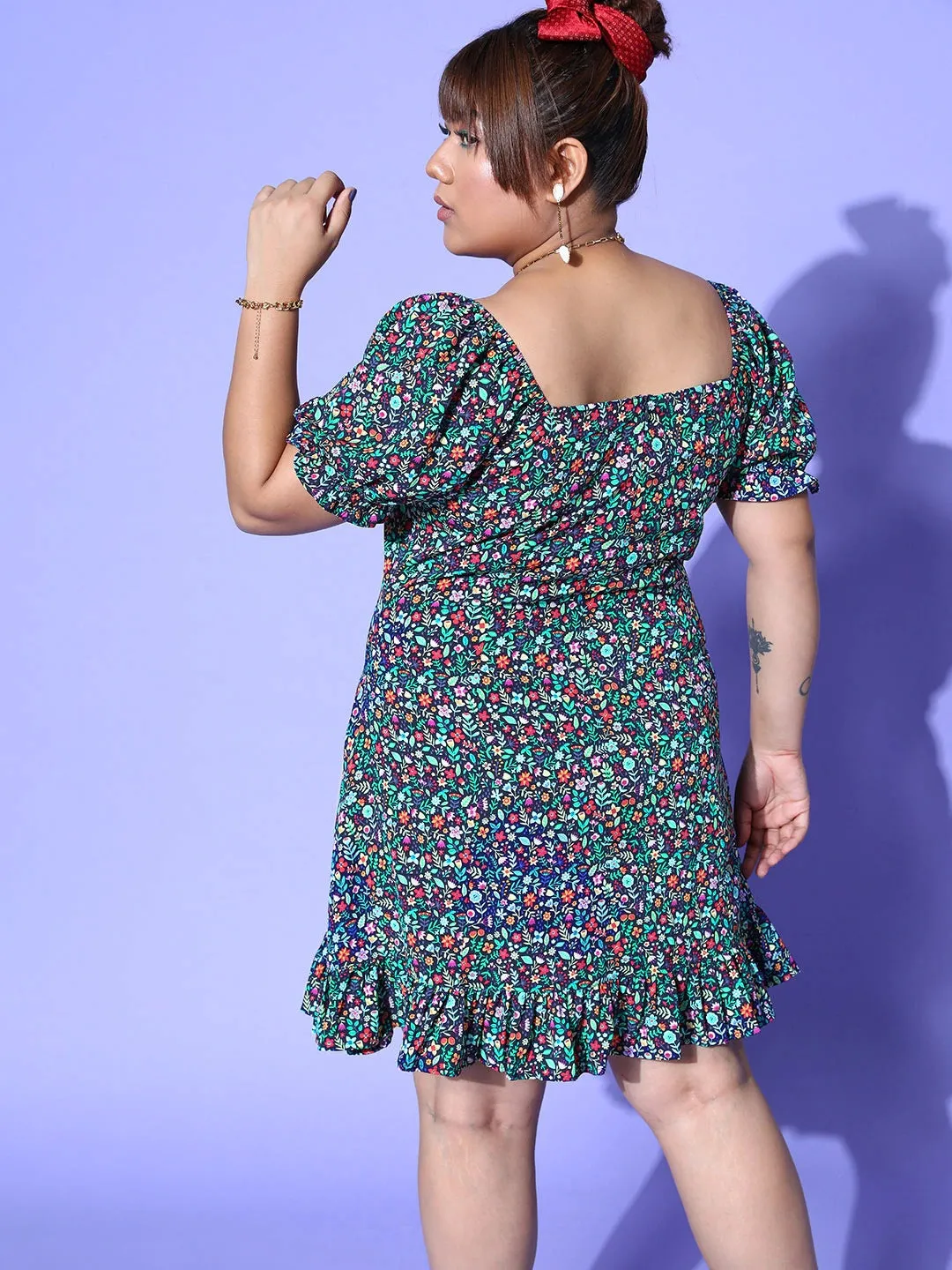 Berrylush Curve Plus Size Navy Blue & Green Floral Printed A-Line Mini Dress