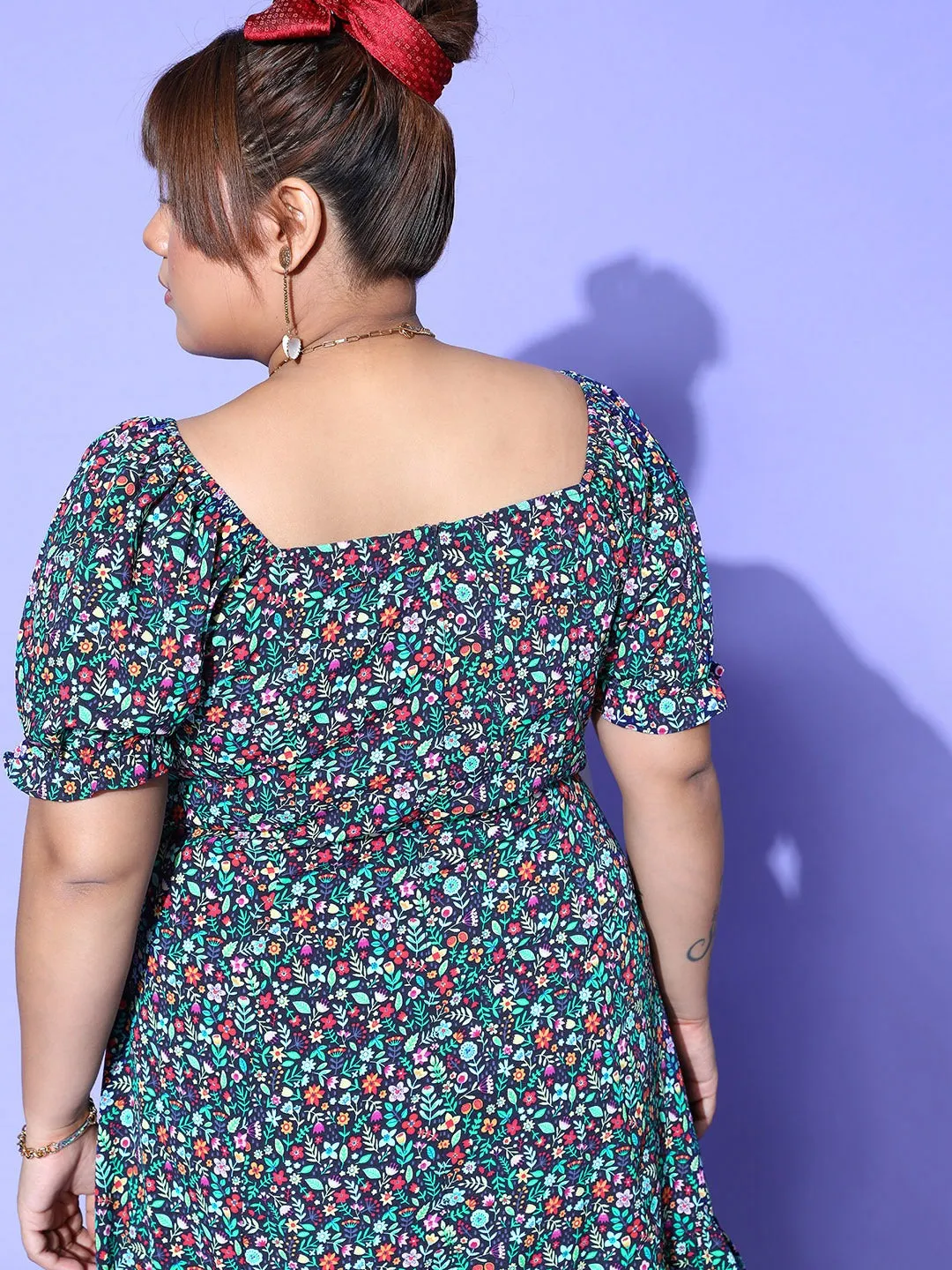 Berrylush Curve Plus Size Navy Blue & Green Floral Printed A-Line Mini Dress