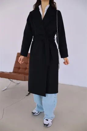 Black Belted Long Cachet Coat - LA LUVIA