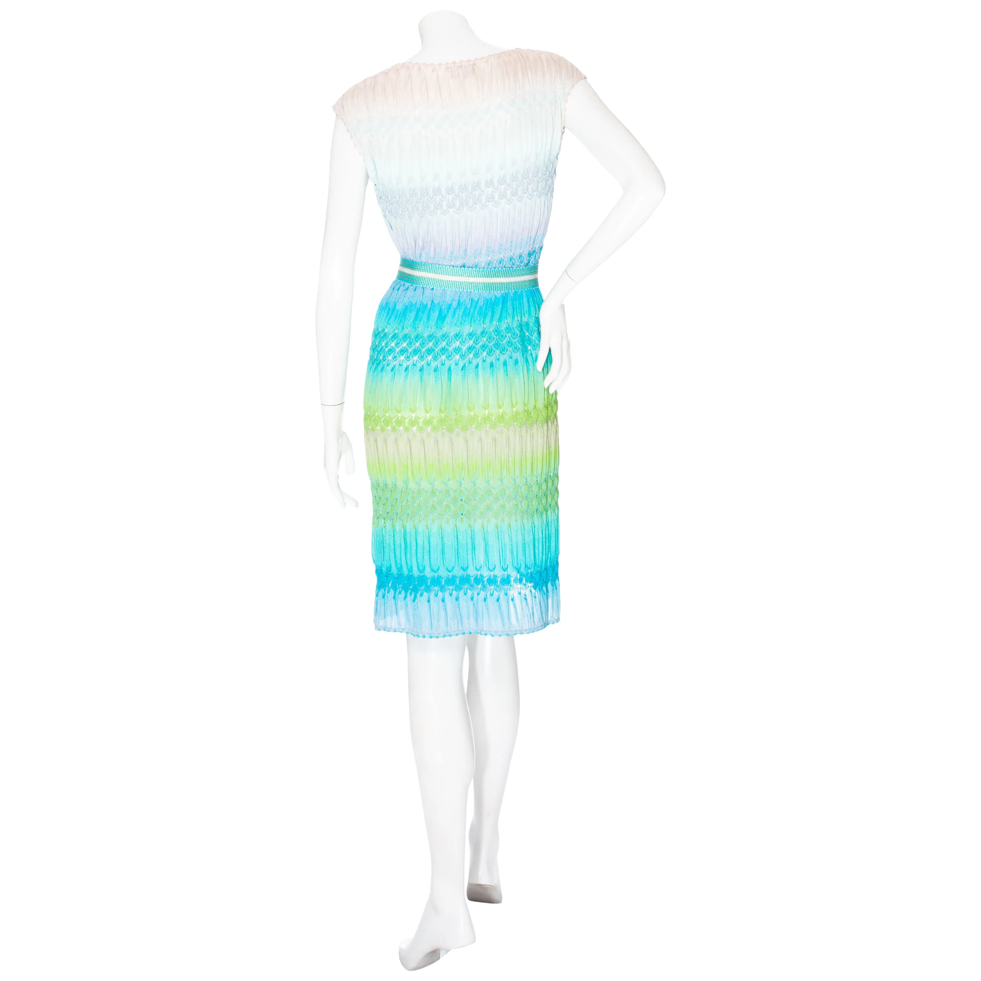 Blue and Green Viscose-Blend Knit Belted Dress