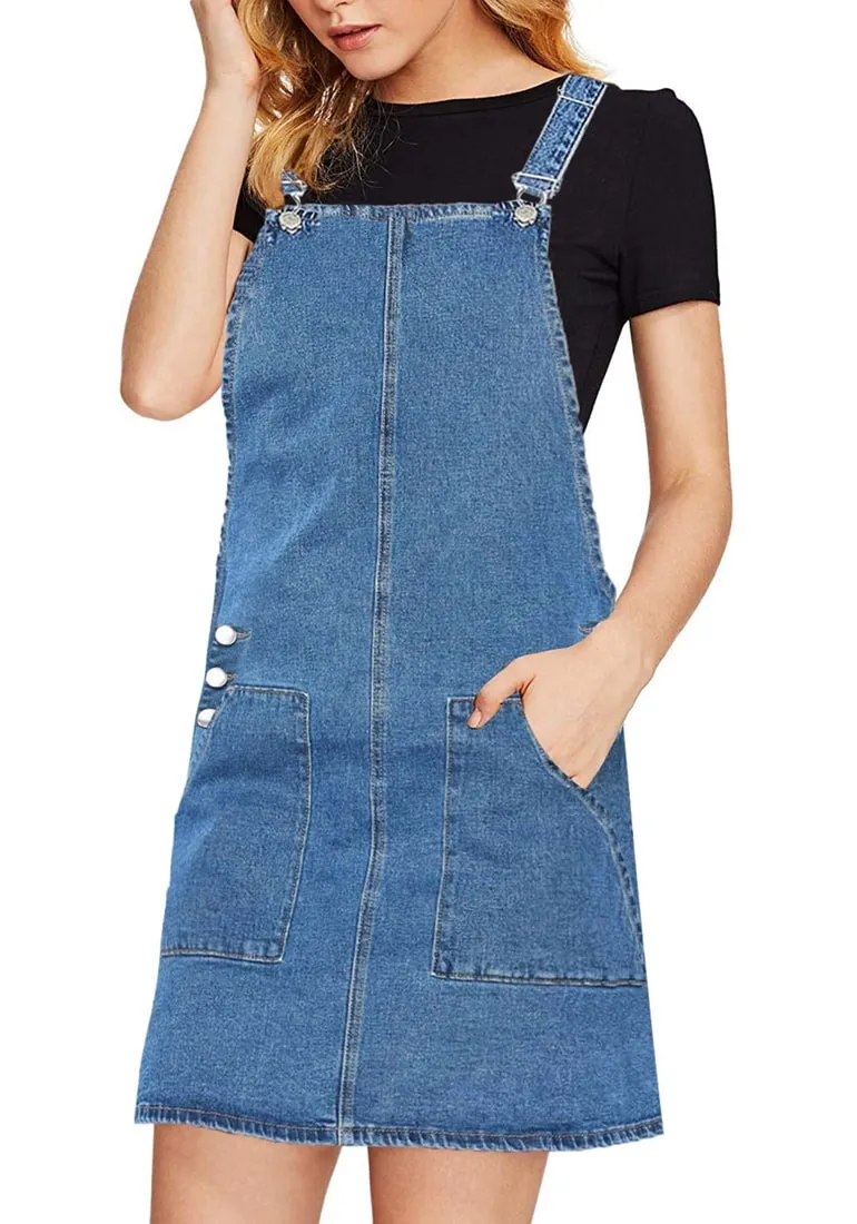 Blue Side Pockets Overall Denim Pinafore Dress