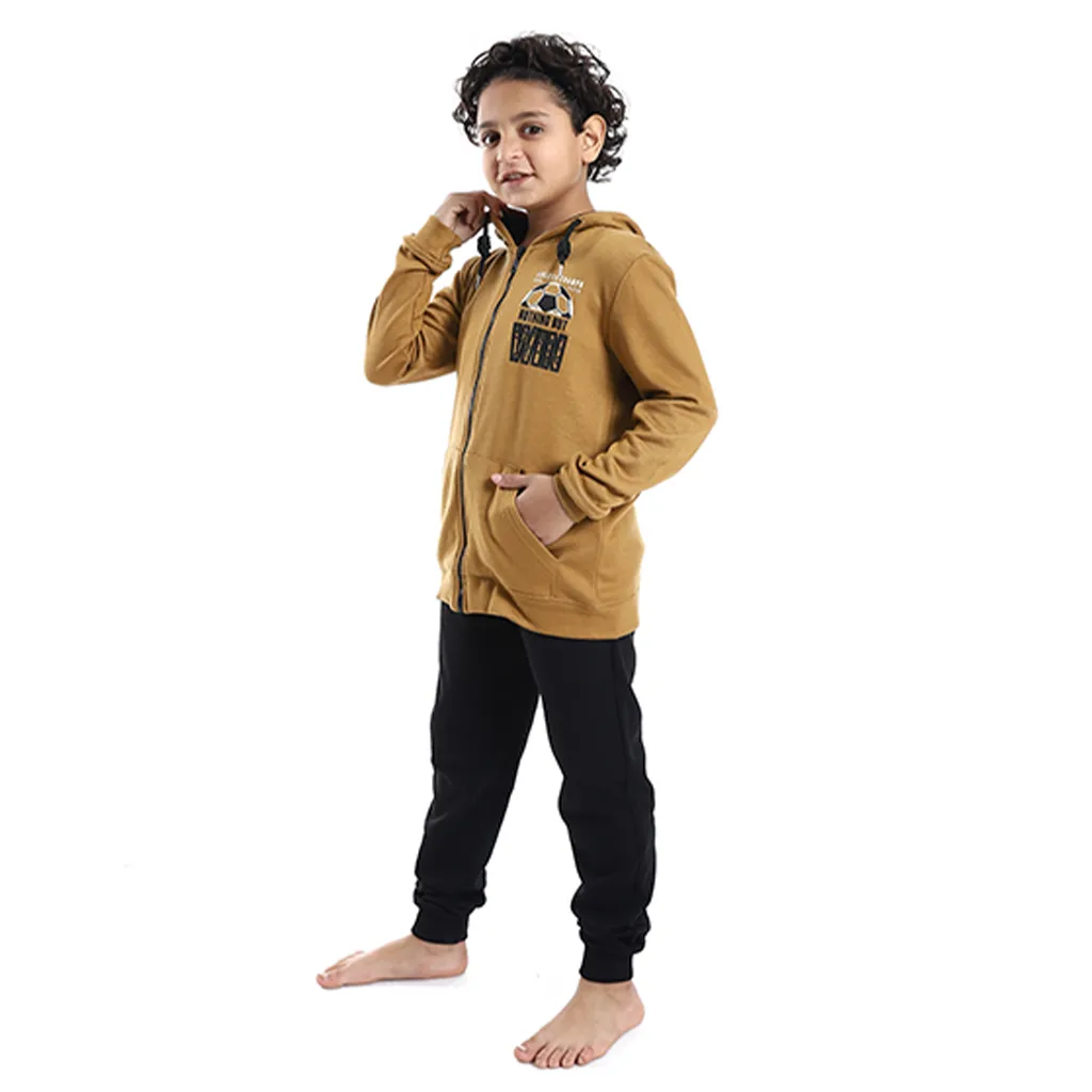 Boys' Khaki Zipped Hoodie and Pants Set - Cozy Winter Loungewear