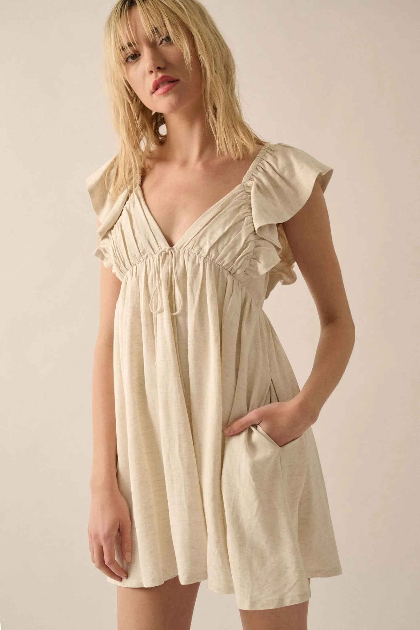 By Nature Ruffled Linen-Blend Babydoll Mini Dress