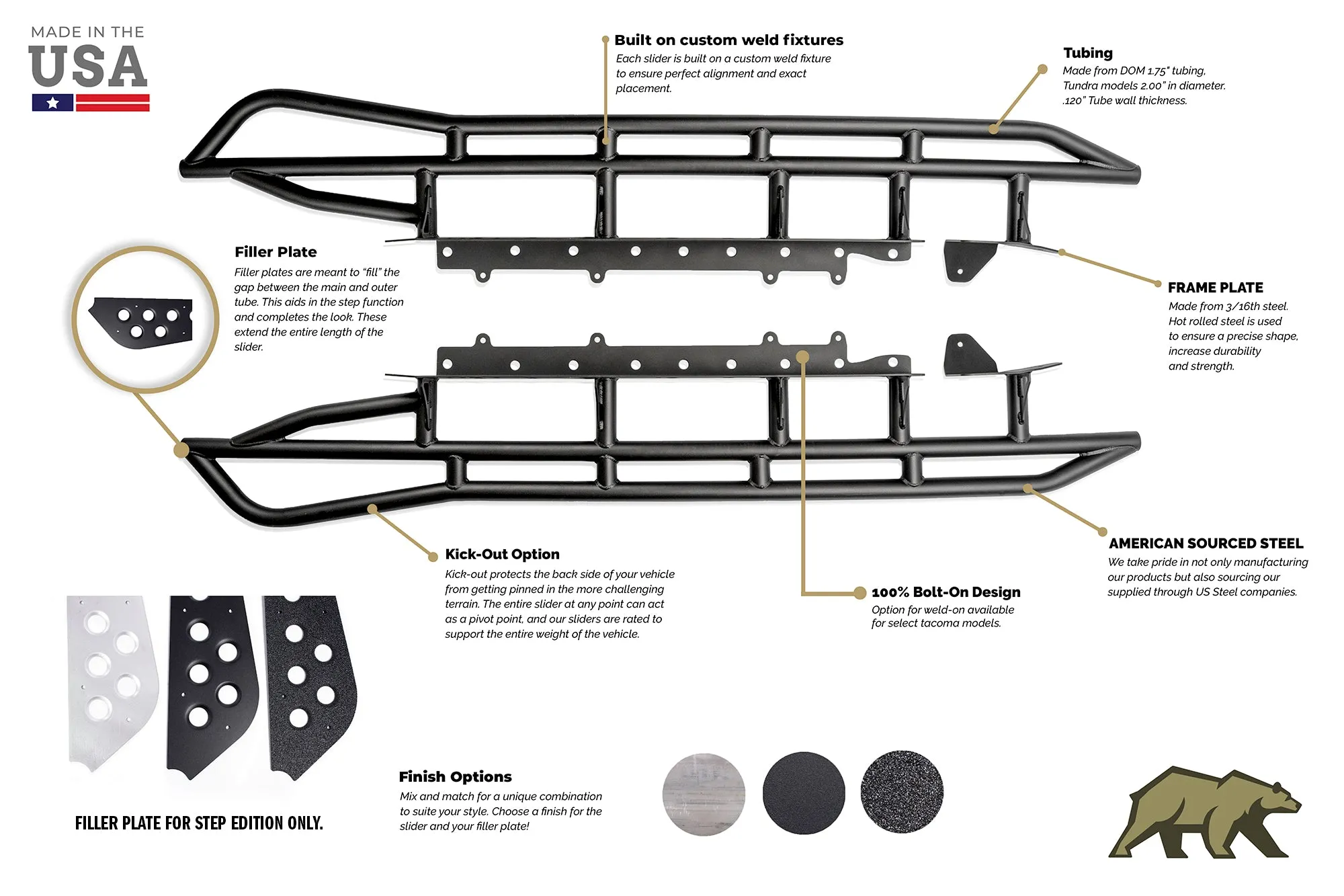 Cali Raised LED 2010-2024 Toyota 4Runner Step Edition Bolt On Rock Sliders