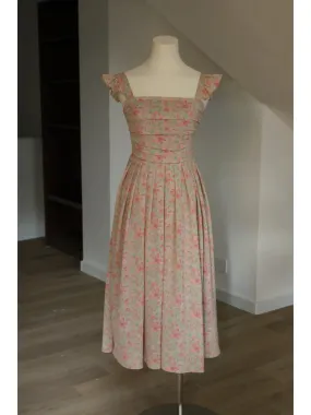 Cap Sleeves Floral Box Pleats 50s Style Swing Dress