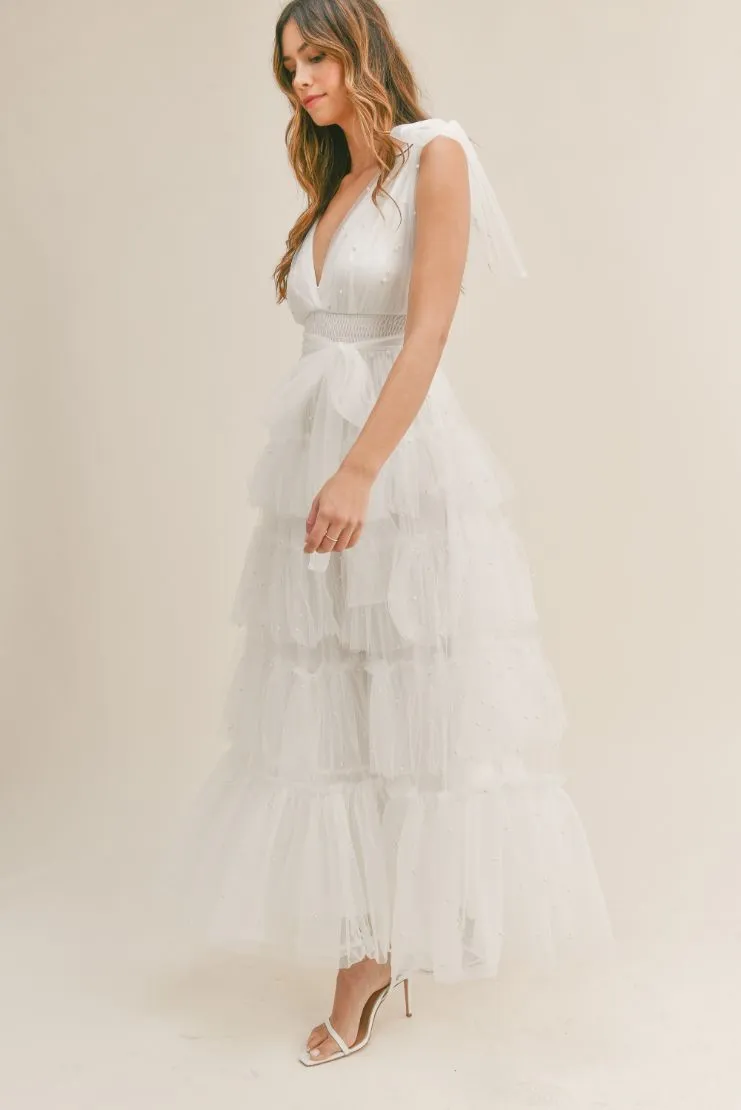 Carmella Tiered Tulle Maxi Dress - White