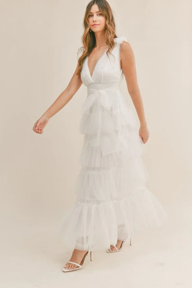 Carmella Tiered Tulle Maxi Dress - White