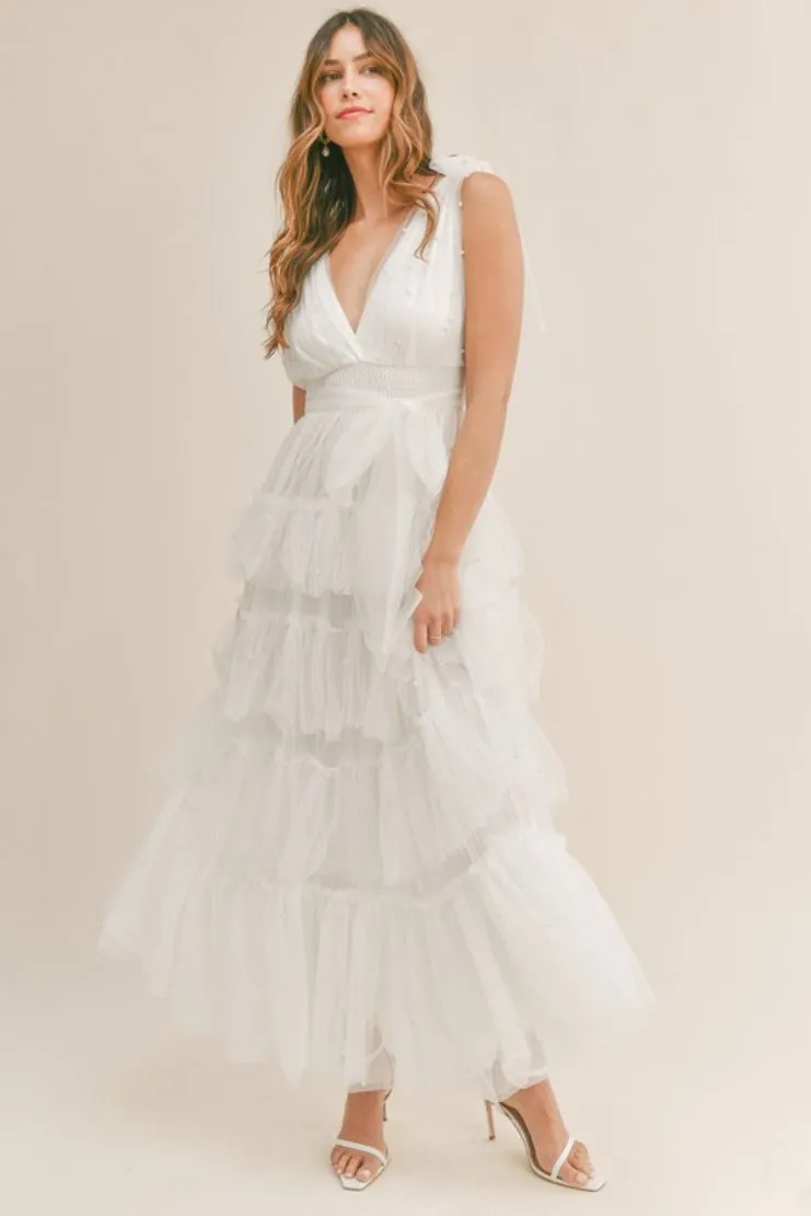 Carmella Tiered Tulle Maxi Dress - White