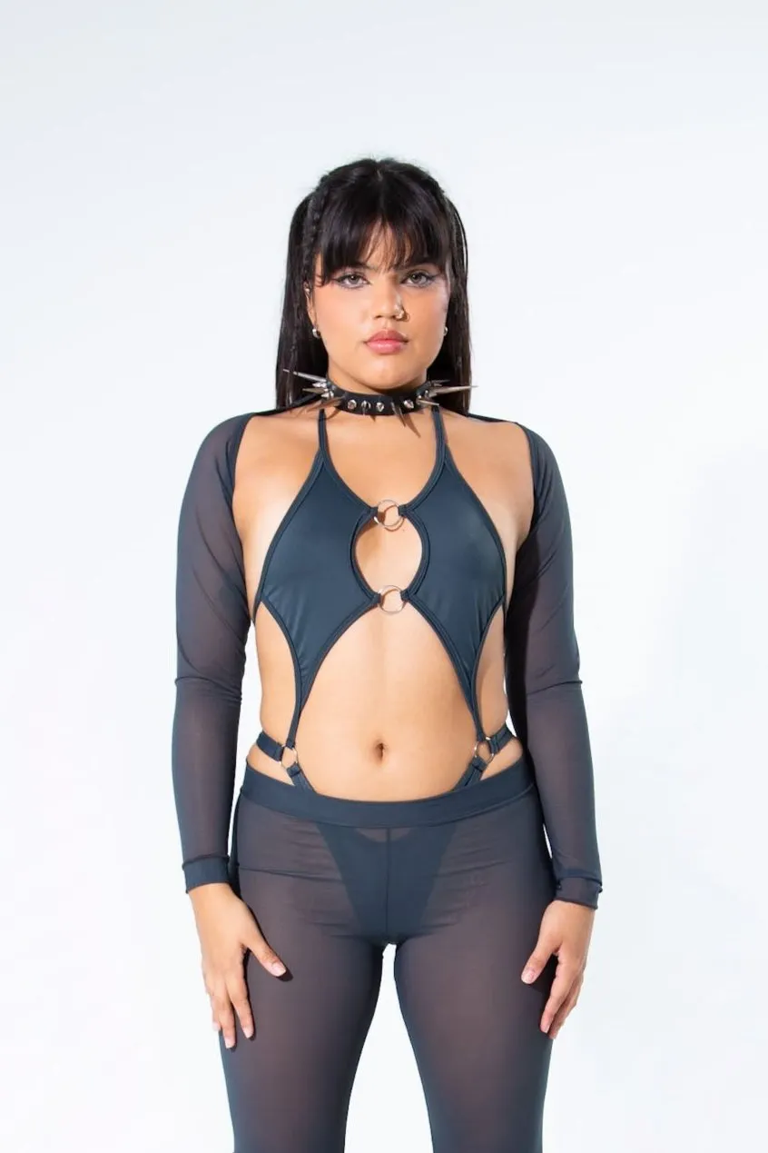 Charcoal Mesh Long Sleeve Shrug