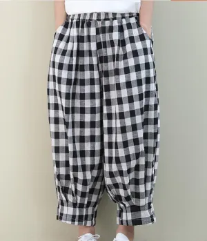 Checked Summer Loose Linen Wide Leg Women Casual Pants Elastic Waist WG05131