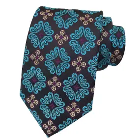 Classy Men Black Turquoise Floral Silk Tie