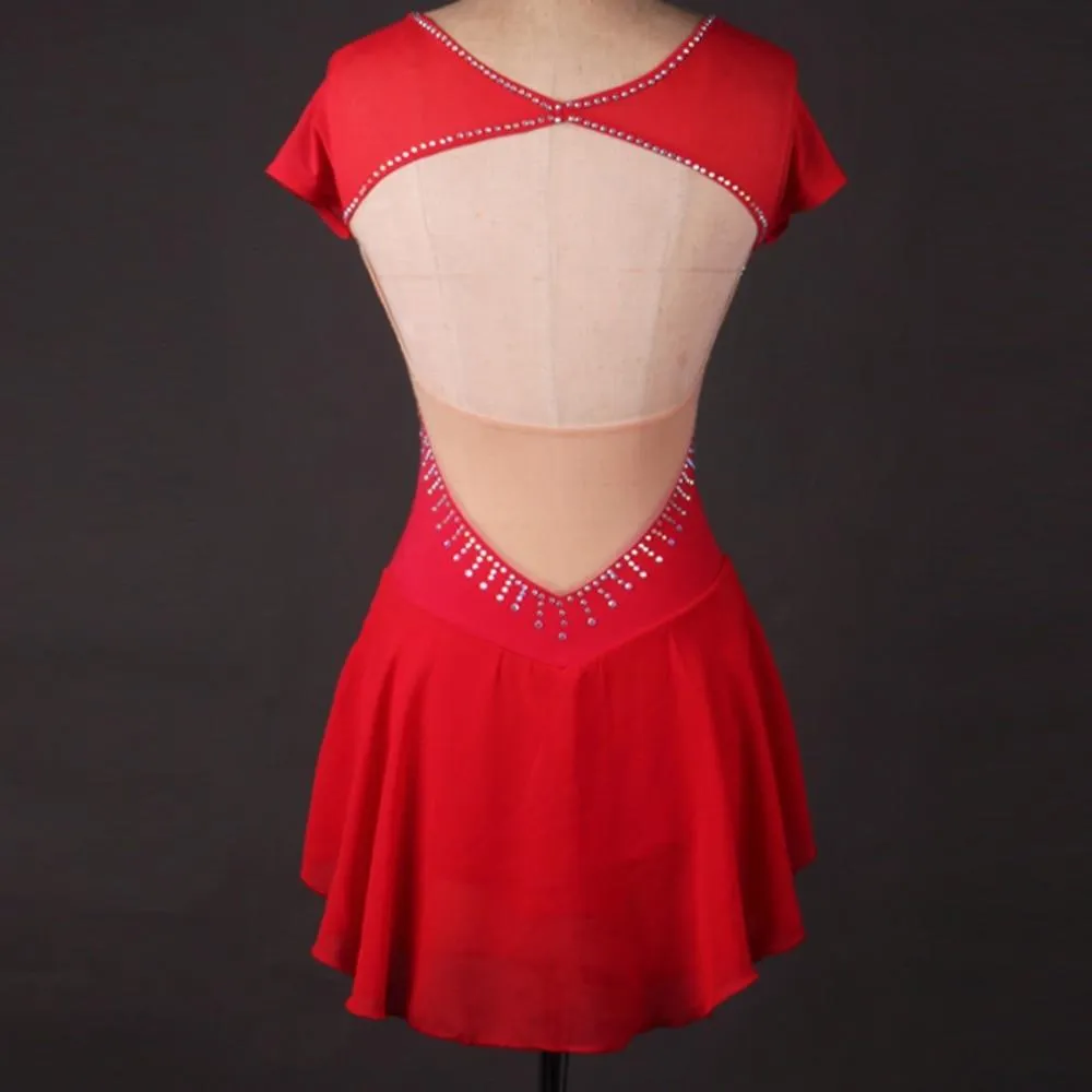 Competition Figure Skating Dress Red Mesh Lycra Short Sleeves BSU081121