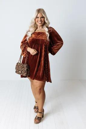 Cranberry Spritz Velvet Babydoll Dress in Rust Curves