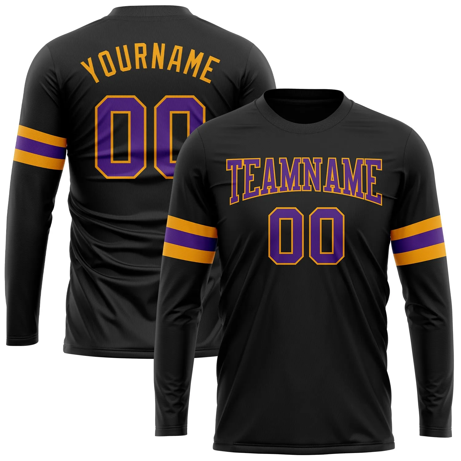 Custom Black Purple-Gold Long Sleeve Performance T-Shirt