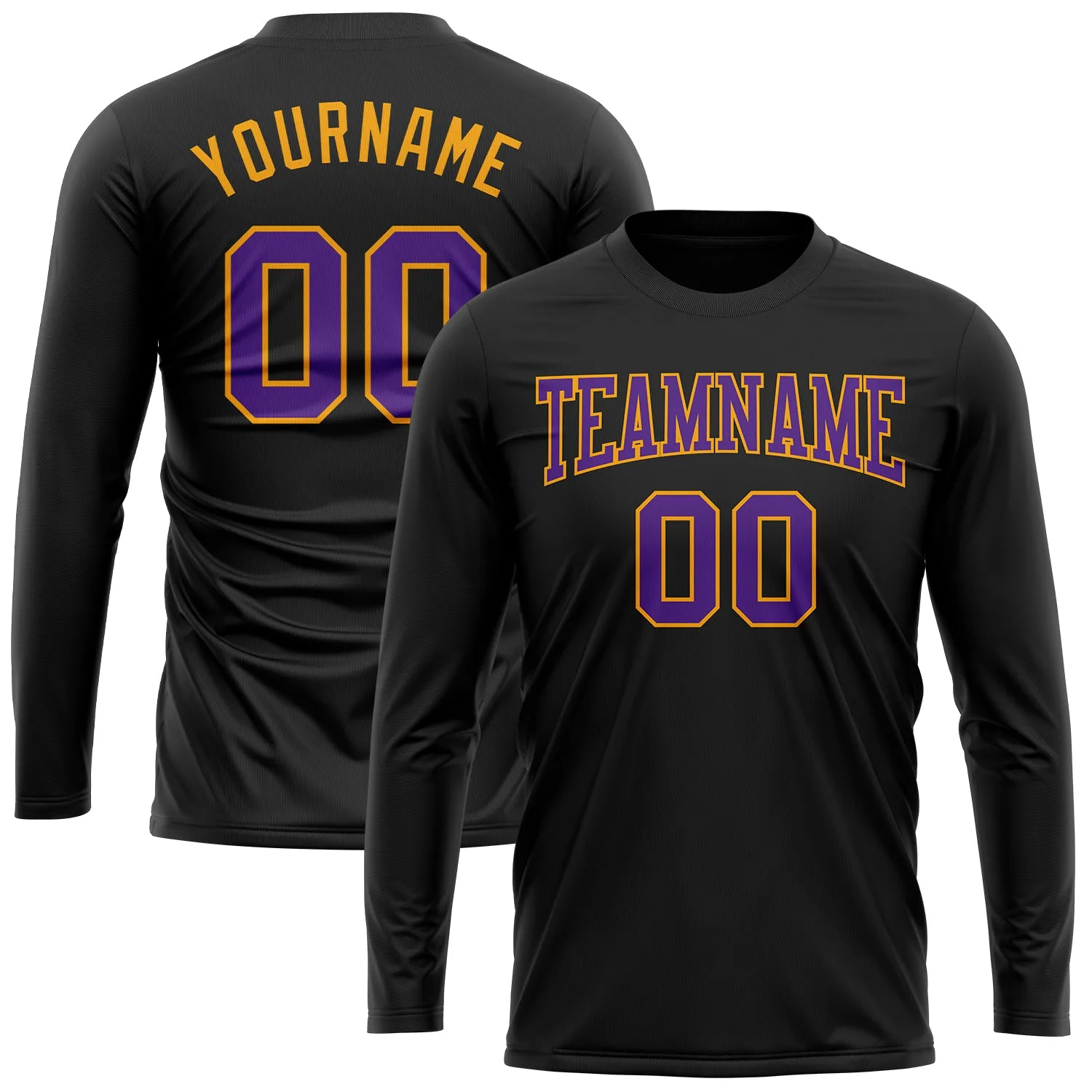 Custom Black Purple-Gold Long Sleeve Performance T-Shirt