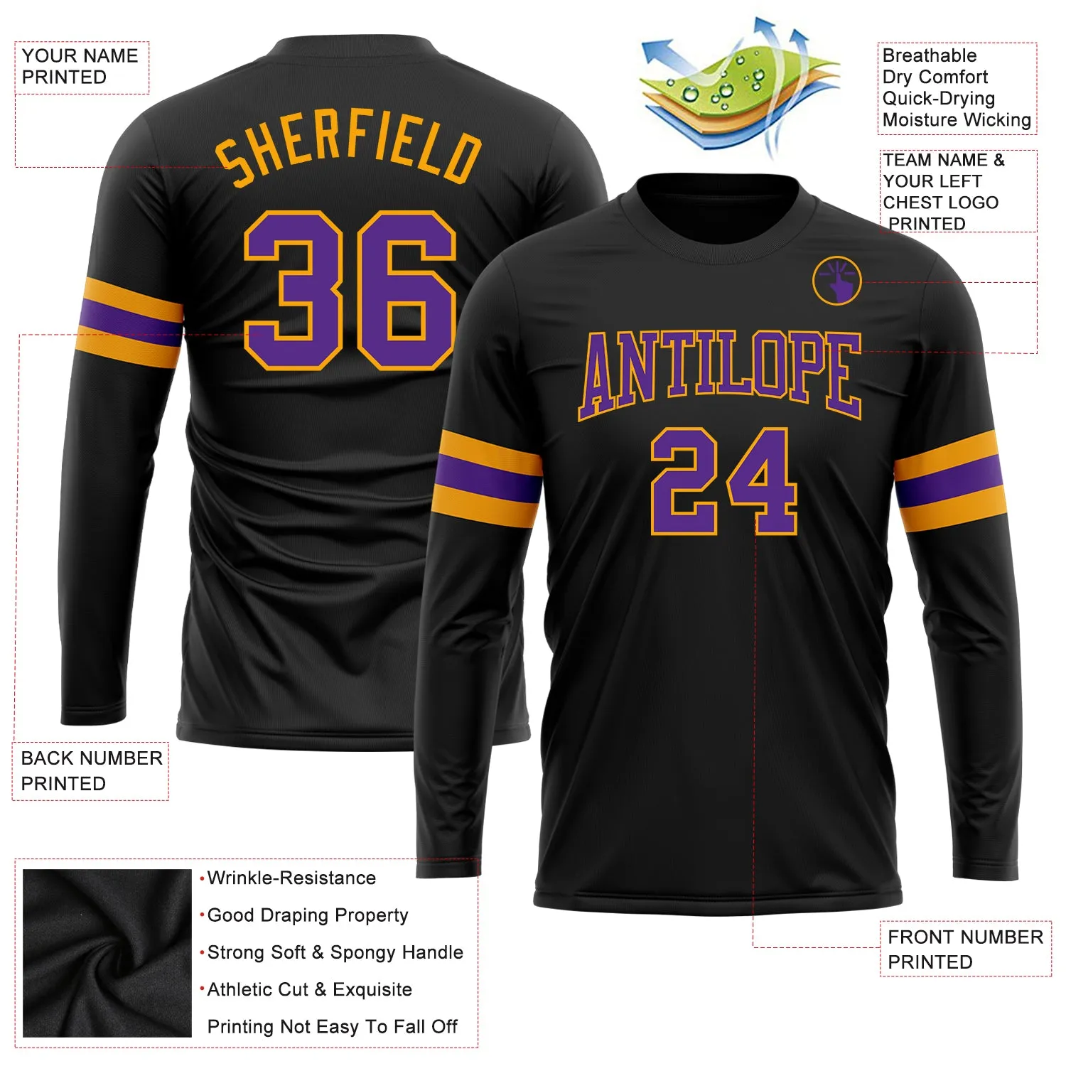 Custom Black Purple-Gold Long Sleeve Performance T-Shirt