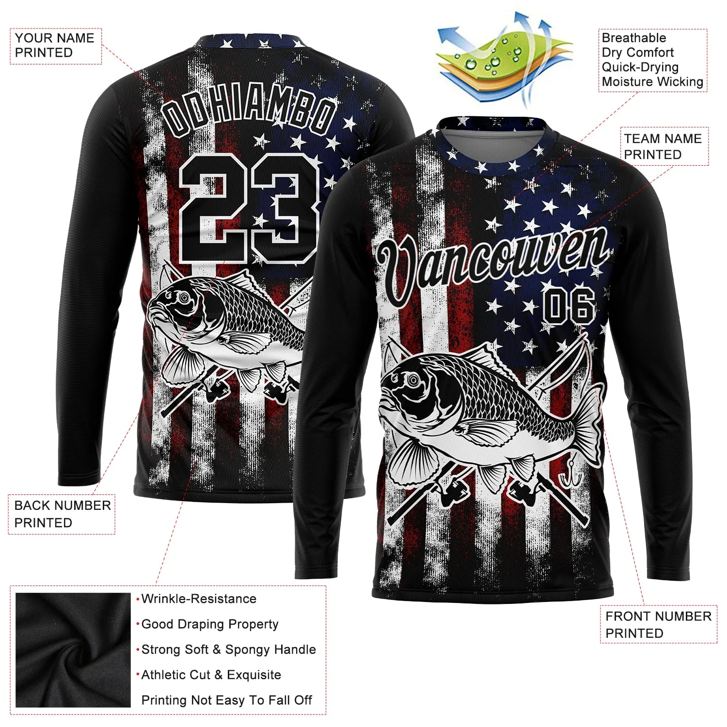 Custom Black Red-Royal 3D American Flag And Carp Fish Fishing Long Sleeve Performance T-Shirt