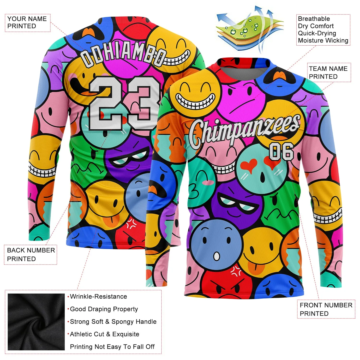 Custom Colorful White-Black Emoji 3D Pattern Long Sleeve Performance T-Shirt