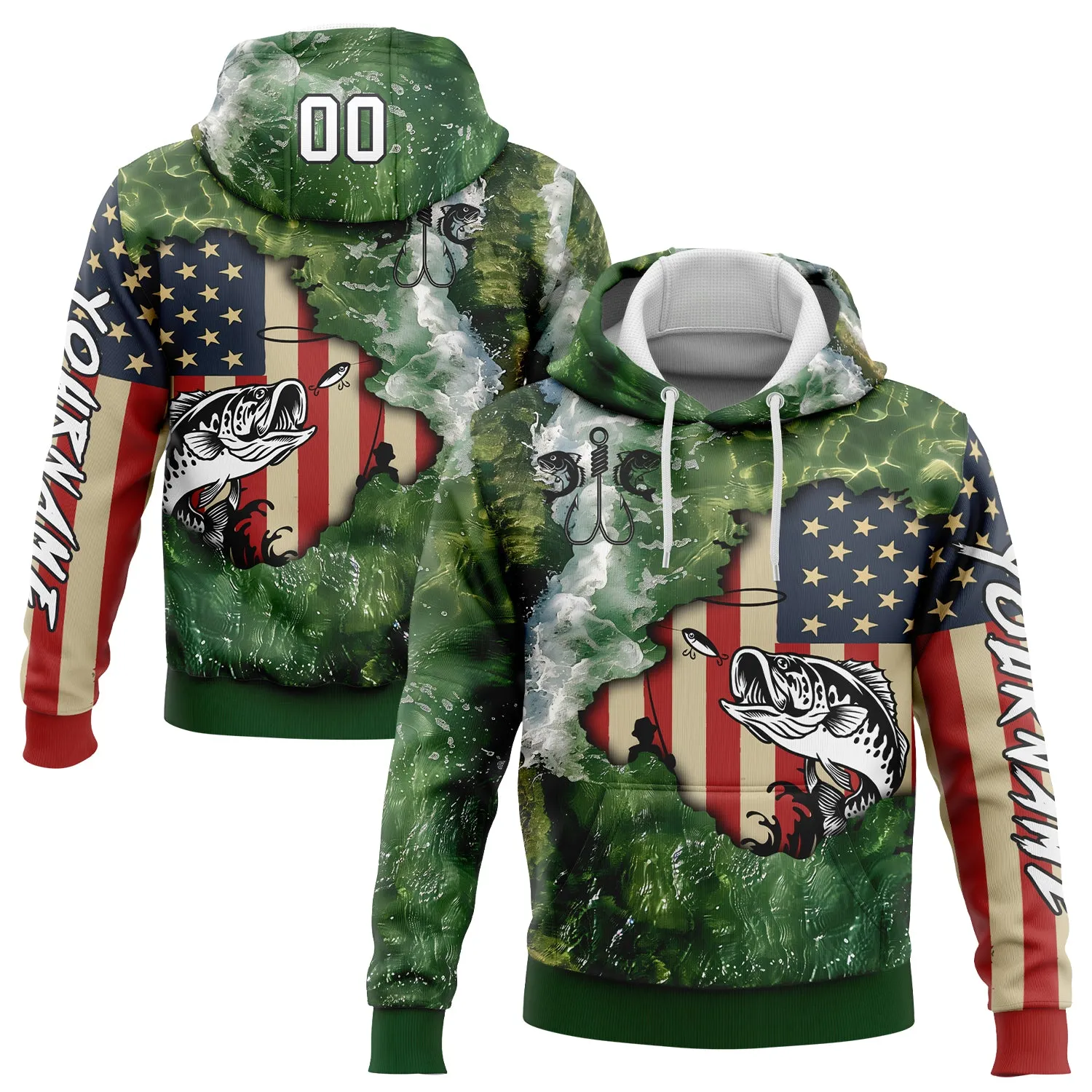 Custom Stitched Aurora Green White-Black 3D American Flag And Largemouth Bass Fish Fishing Sports Pullover Sweatshirt Hoodie