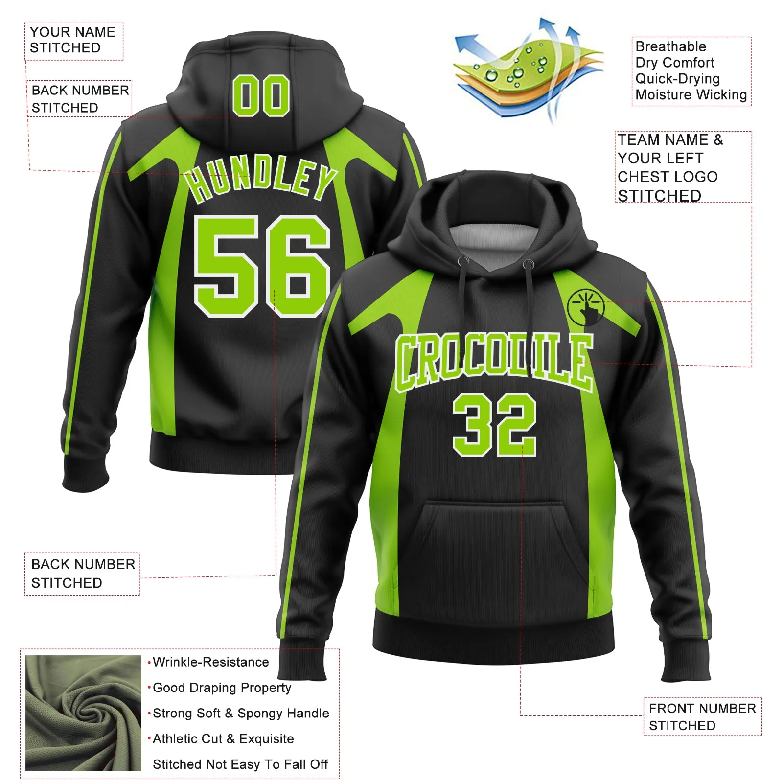 Custom Stitched Black Neon Green-White 3D Pattern Design Segmentation Patchwork Stripe Sports Pullover Sweatshirt Hoodie