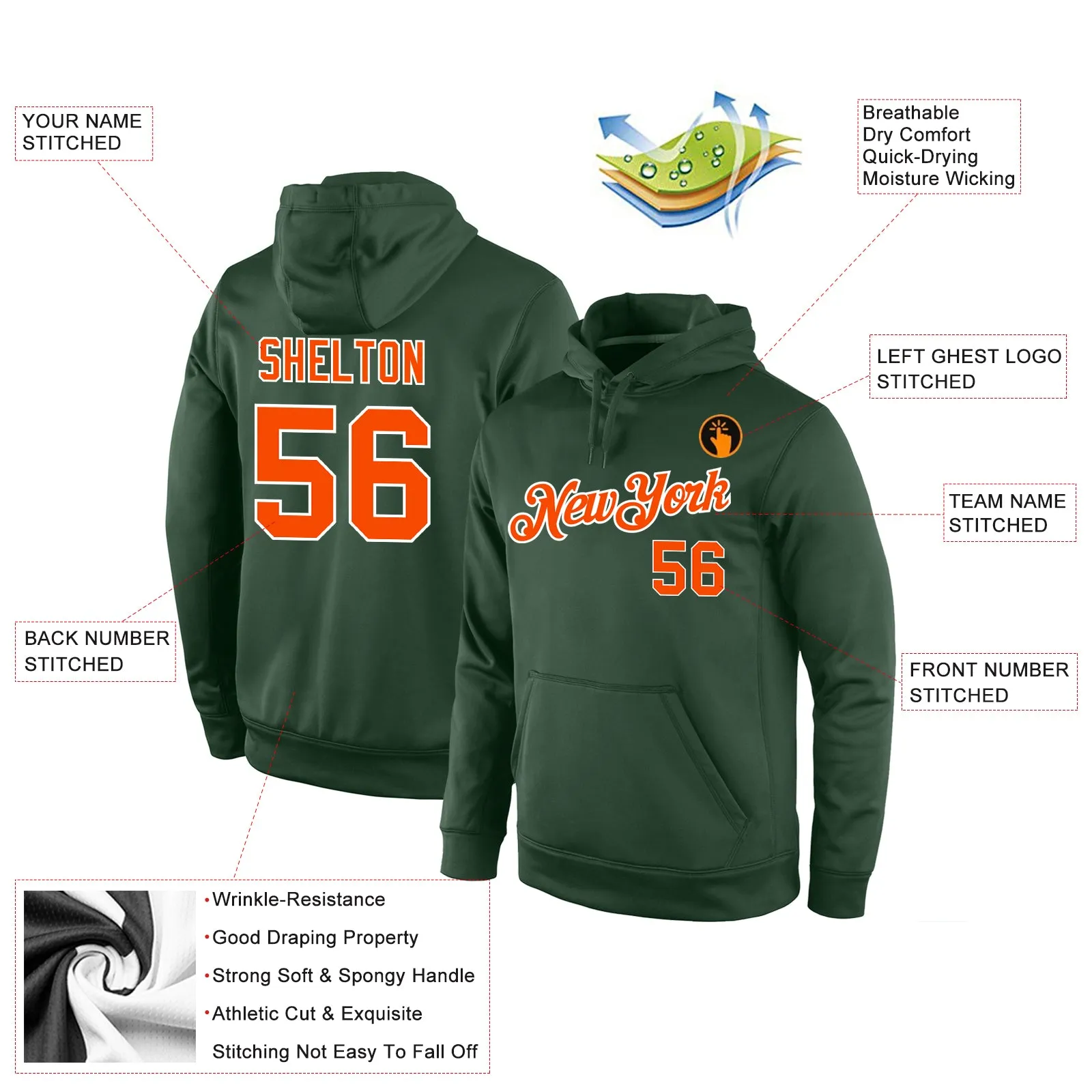 Custom Stitched Green Orange-White Sports Pullover Sweatshirt Hoodie