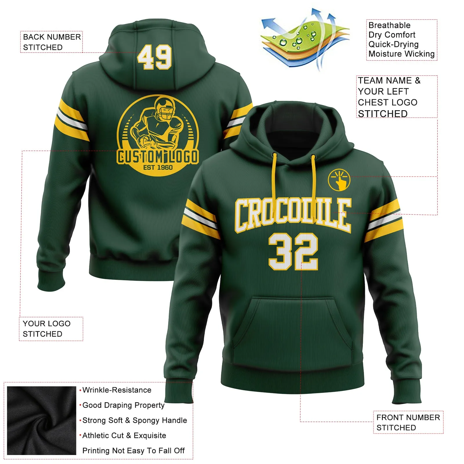 Custom Stitched Green White-Gold Football Pullover Sweatshirt Hoodie