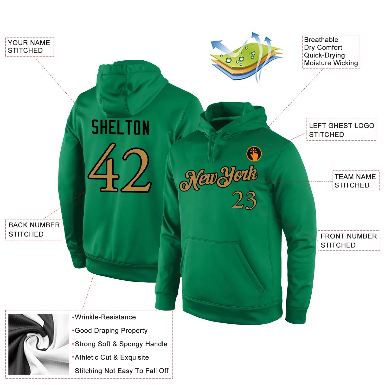 Custom Stitched Kelly Green Old Gold-Black Sports Pullover Sweatshirt Hoodie