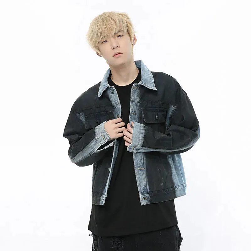 Denim Jacket Fake Two Piece Trend Loose Coat Contrasting Colors Casual Turn-down Collar Single Breasted Male Top 9C5249