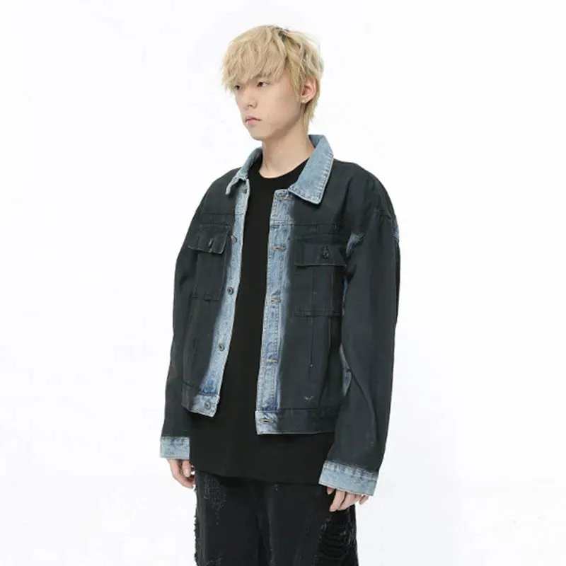 Denim Jacket Fake Two Piece Trend Loose Coat Contrasting Colors Casual Turn-down Collar Single Breasted Male Top 9C5249