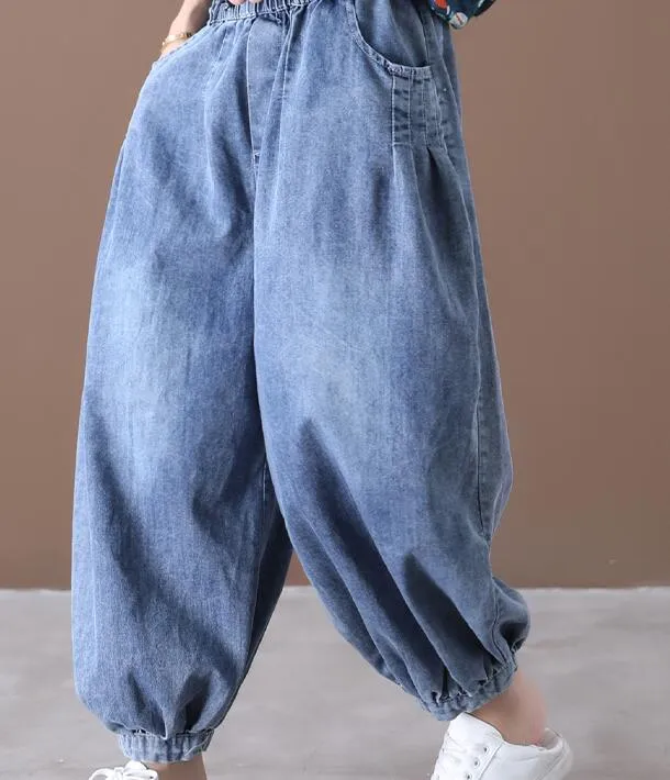 Denim Summer Loose Linen Wide Leg Women Casual Pants Elastic Waist WG05131