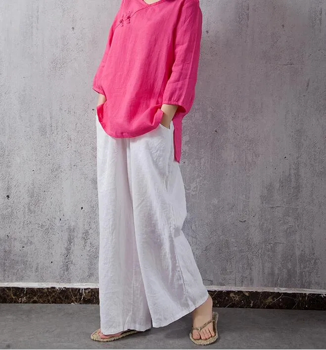 Elastic Waist Belt Linen Wide Leg Thin Women Casual Pants YM97235