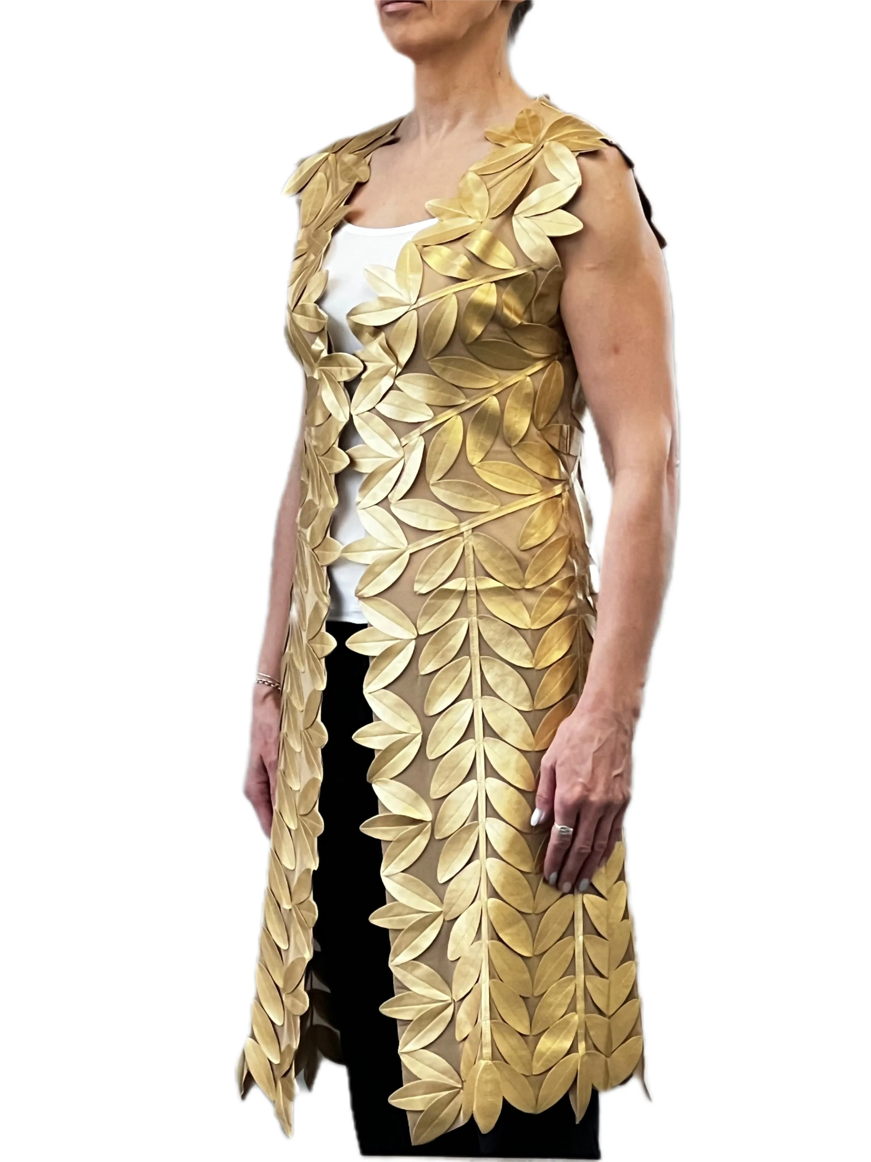 Faux Leather leaves long vest (Gold)