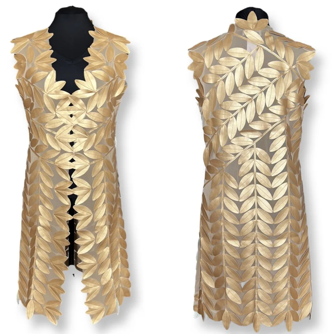 Faux Leather leaves long vest (Gold)