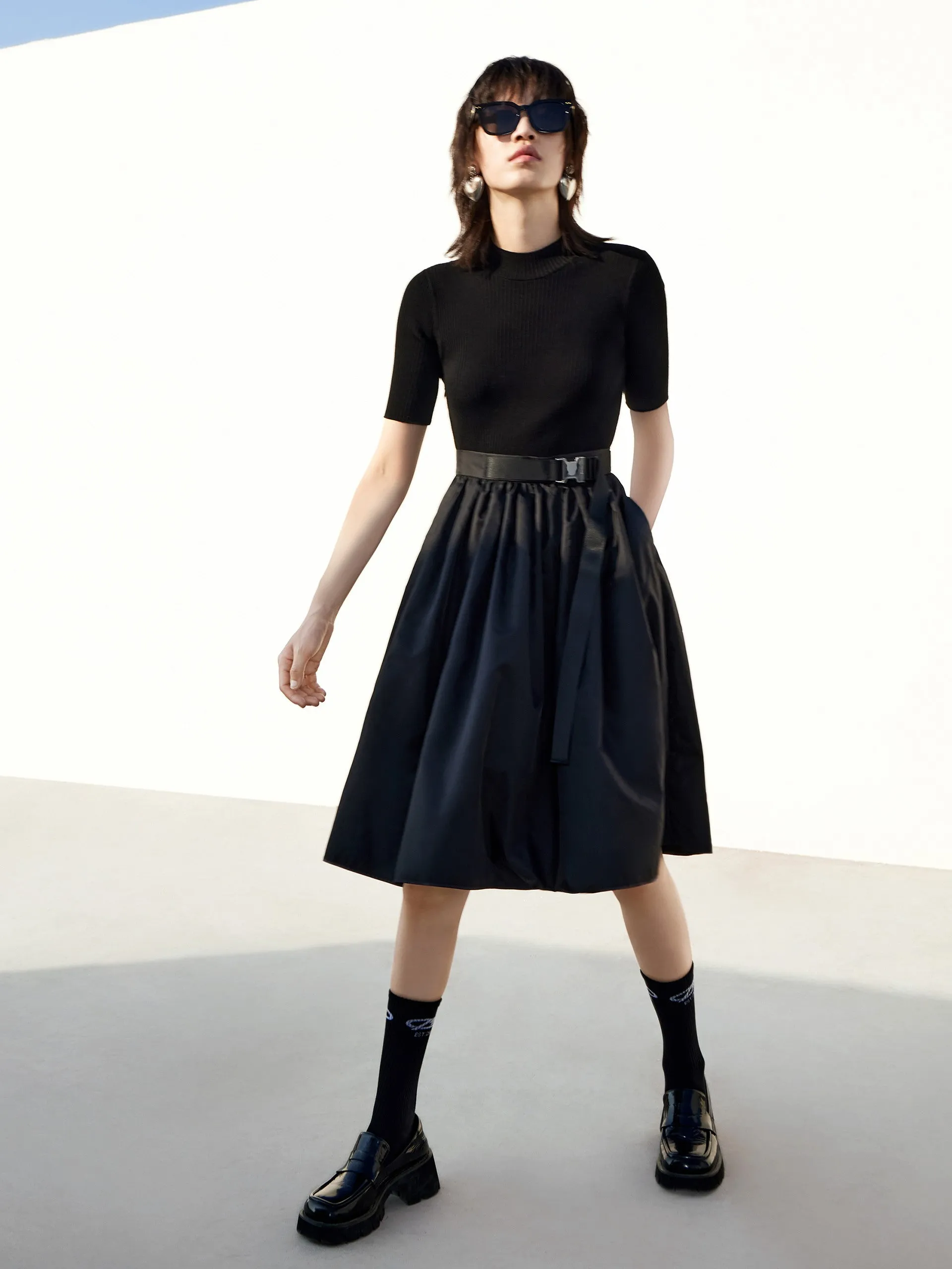 Faux Two Piece Belted Knit Dress