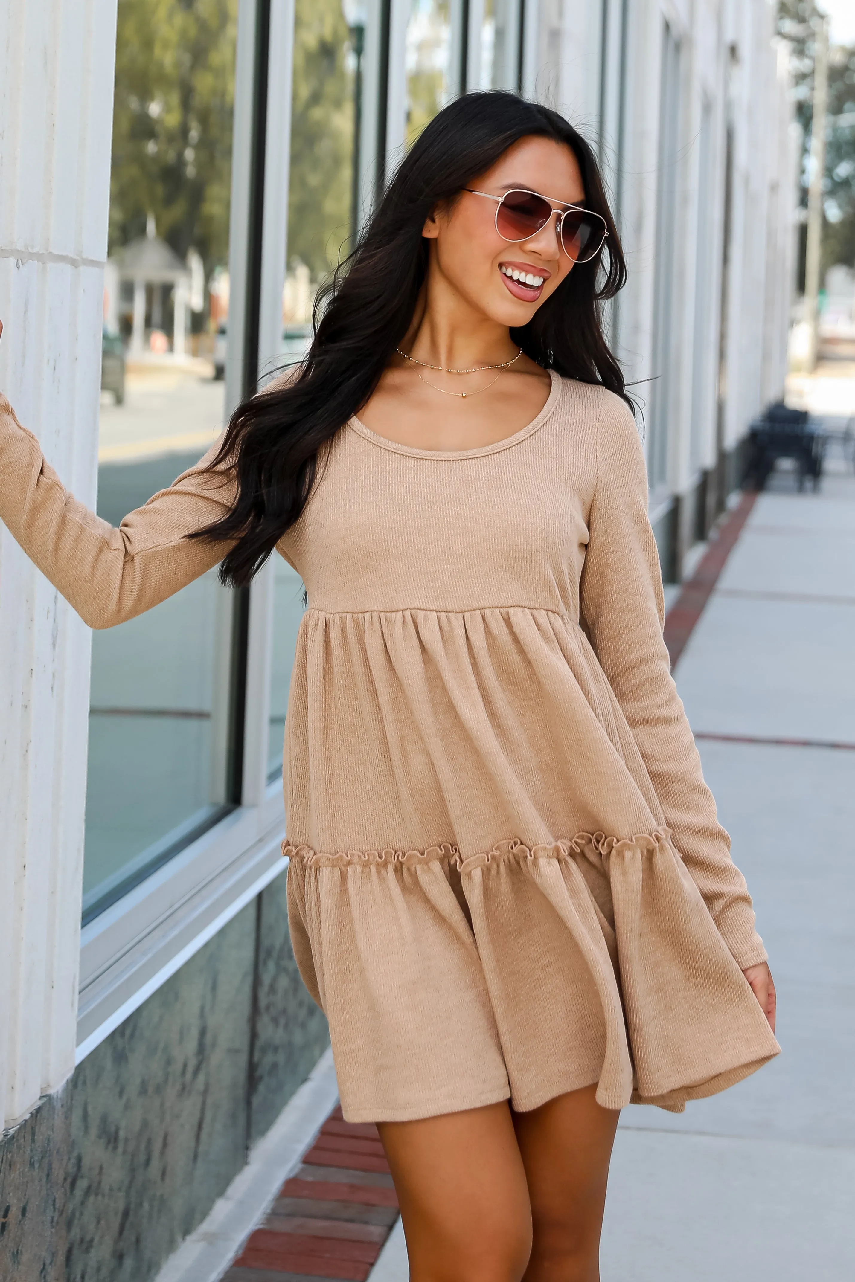 FINAL SALE - Adorable Promise Taupe Knit Babydoll Mini Dress