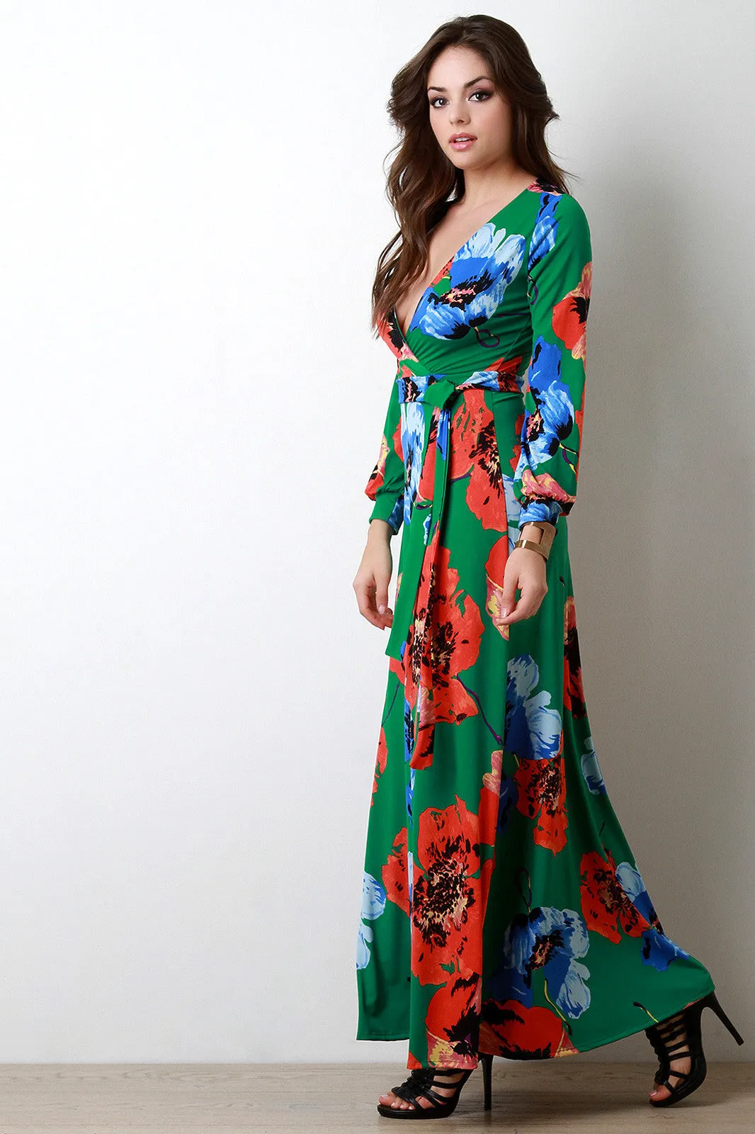 Floral Print Surplice Long Sleeve Maxi Dress